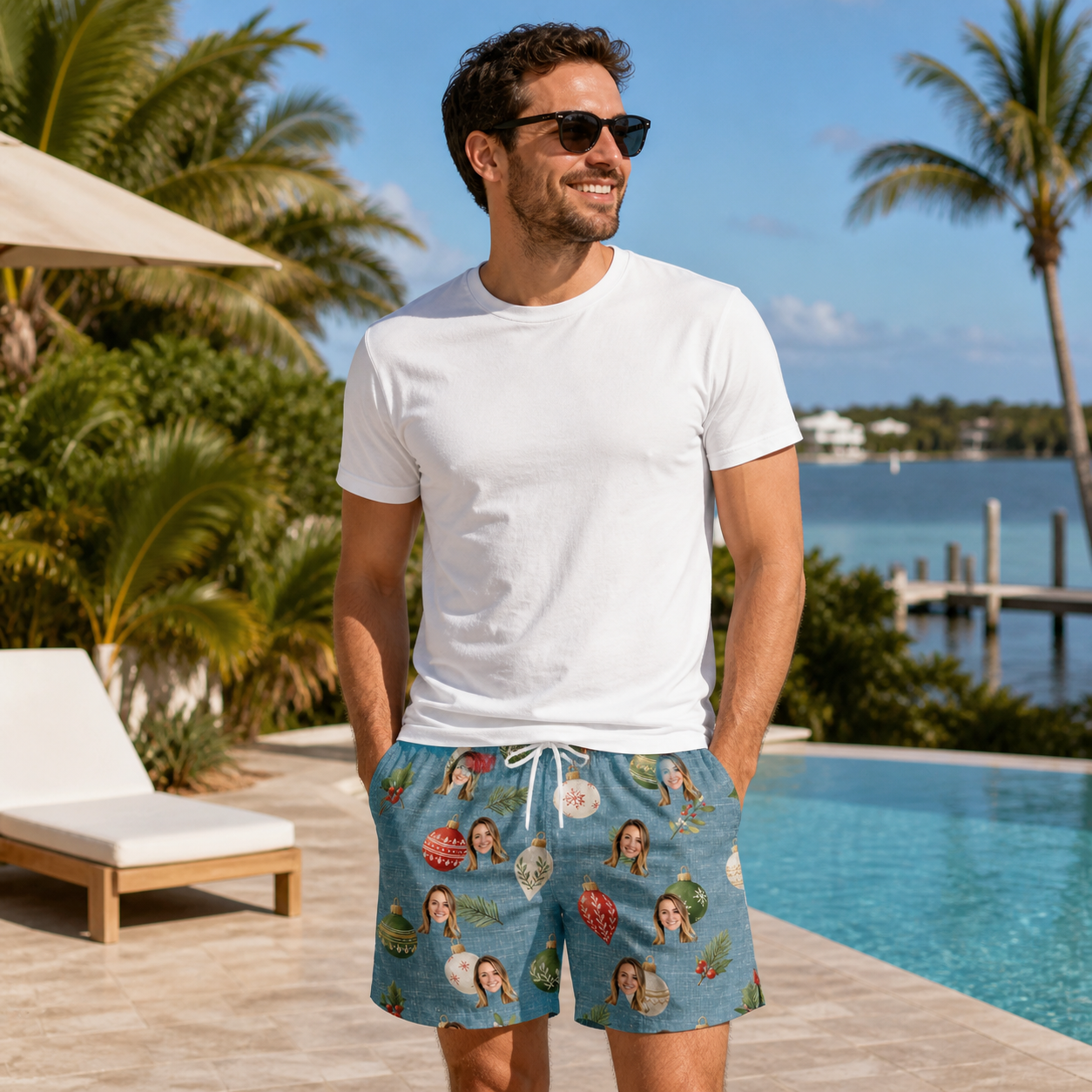 Real-life photo of someone wearing Men's Glimmer Globes Custom Face Beach Shorts — custom faces printed all-over