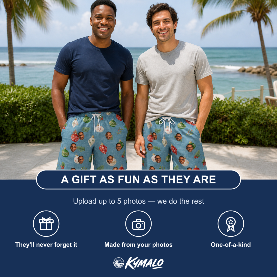 Friends in matching Men's Glimmer Globes Custom Face Beach Shorts — a group gift photo
