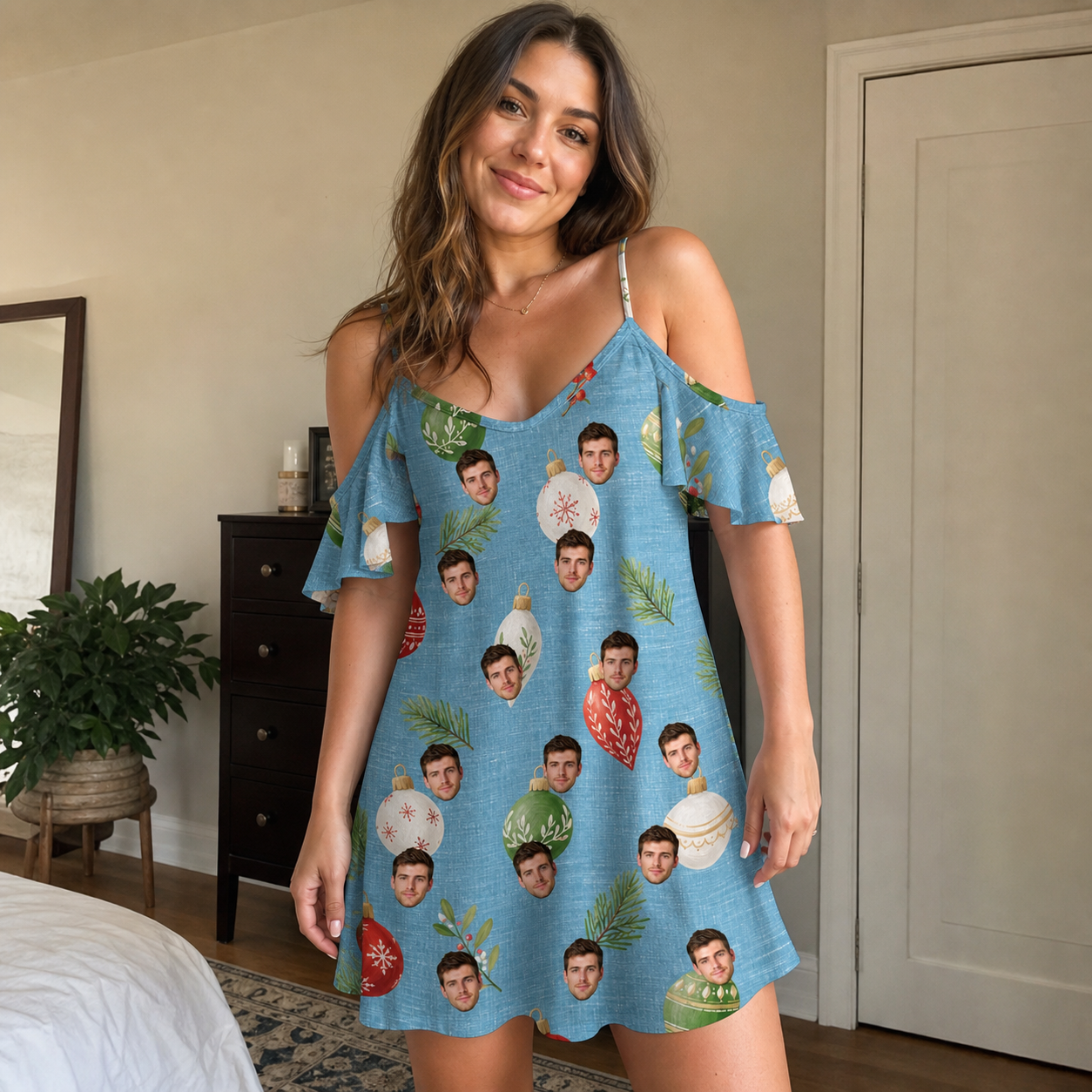 Real-life photo of someone wearing Women's Glimmer Globes Custom Face Off-Shoulder Dress — custom faces printed all-over