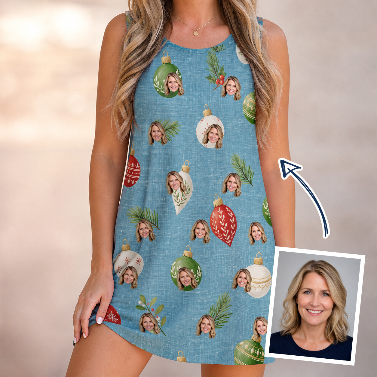 Woman wearing Women's Glimmer Globes Custom Face Tank Dress — custom faces printed all-over
