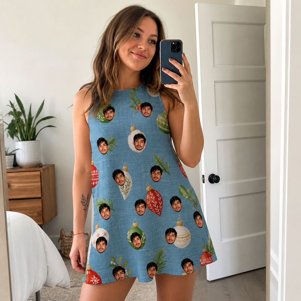 Real-life photo of someone wearing Women's Glimmer Globes Custom Face Tank Dress — custom faces printed all-over