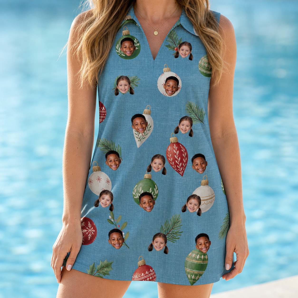 Model wearing Women's Glimmer Globes Custom Face V-Neck Dress printed with kids' faces