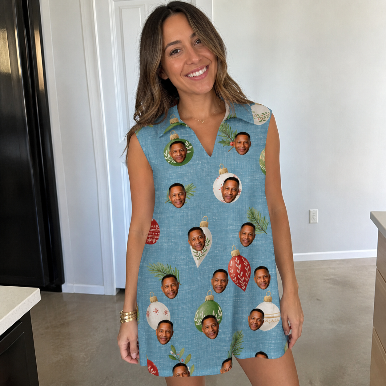Real-life photo of someone wearing Women's Glimmer Globes Custom Face V-Neck Dress — custom faces printed all-over