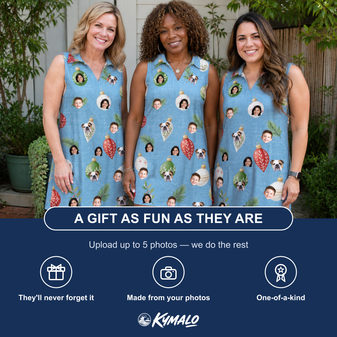 Friends in matching Women's Glimmer Globes Custom Face V-Neck Dress — a group gift photo
