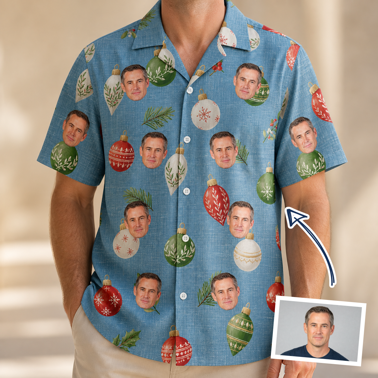 Man wearing Men's Glimmer Globes Custom Face Hawaiian Shirt — custom faces printed all-over