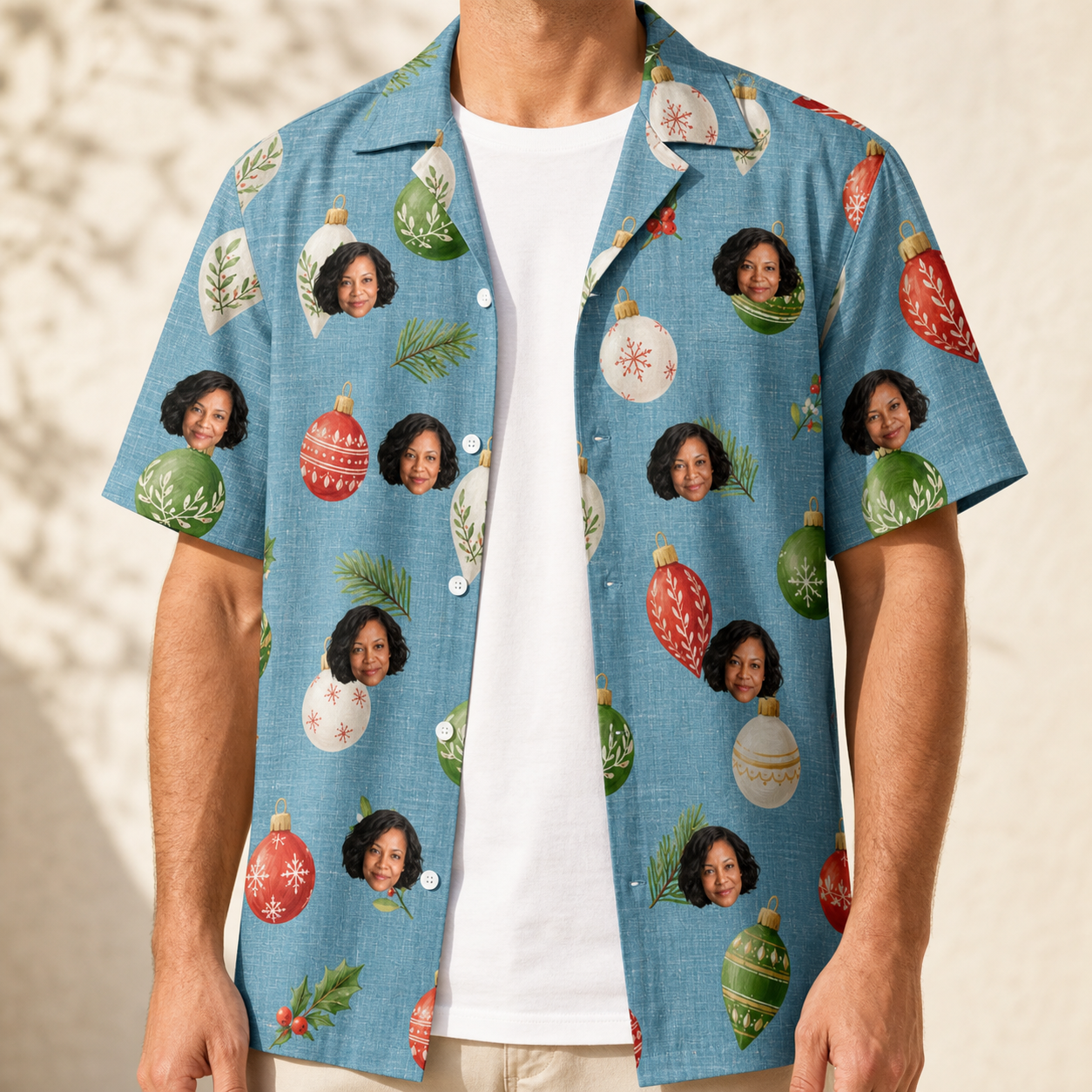 Man wearing Men's Glimmer Globes Custom Face Hawaiian Shirt open over a white tee