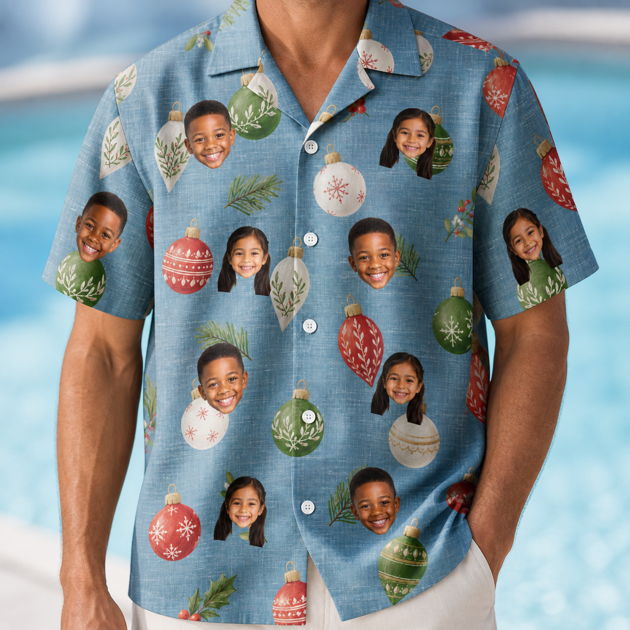 Model wearing Men's Glimmer Globes Custom Face Hawaiian Shirt printed with kids' faces