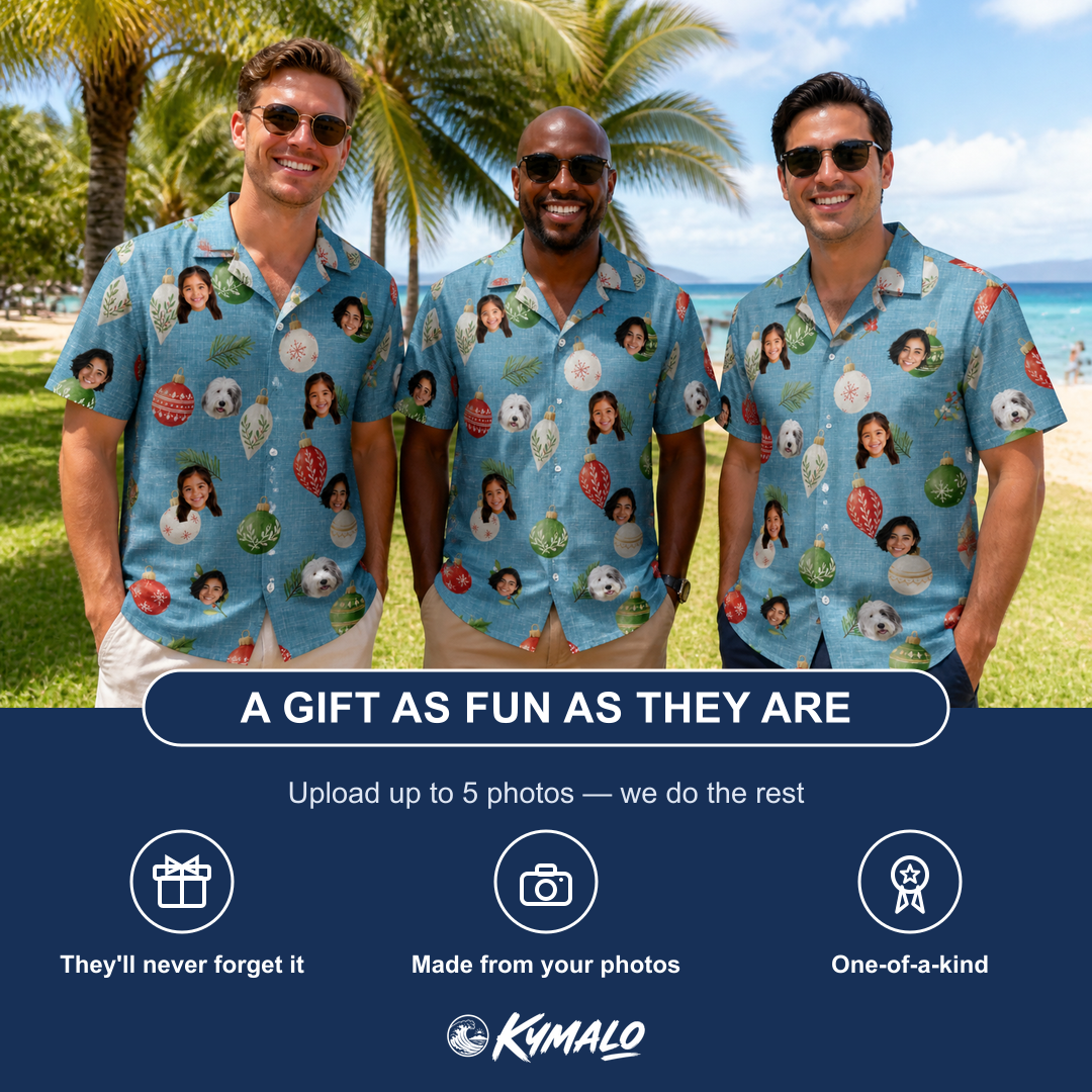 Friends in matching Men's Glimmer Globes Custom Face Hawaiian Shirt — a group gift photo