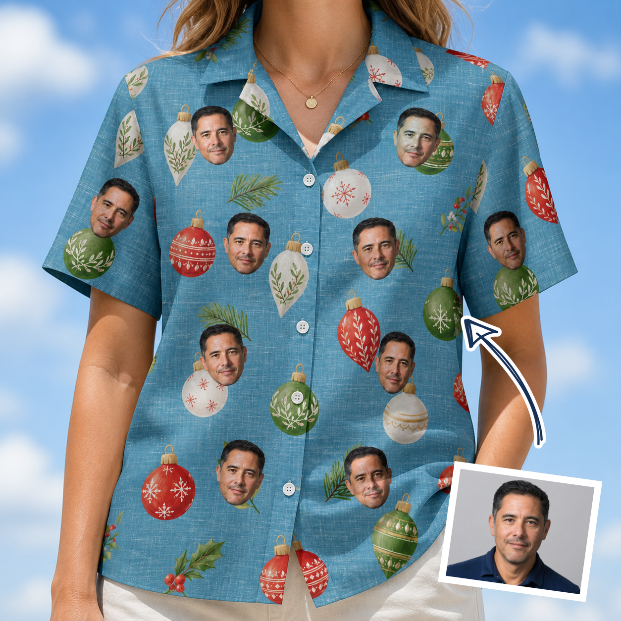Woman wearing Women's Glimmer Globes Custom Face Hawaiian Shirt — custom faces printed all-over