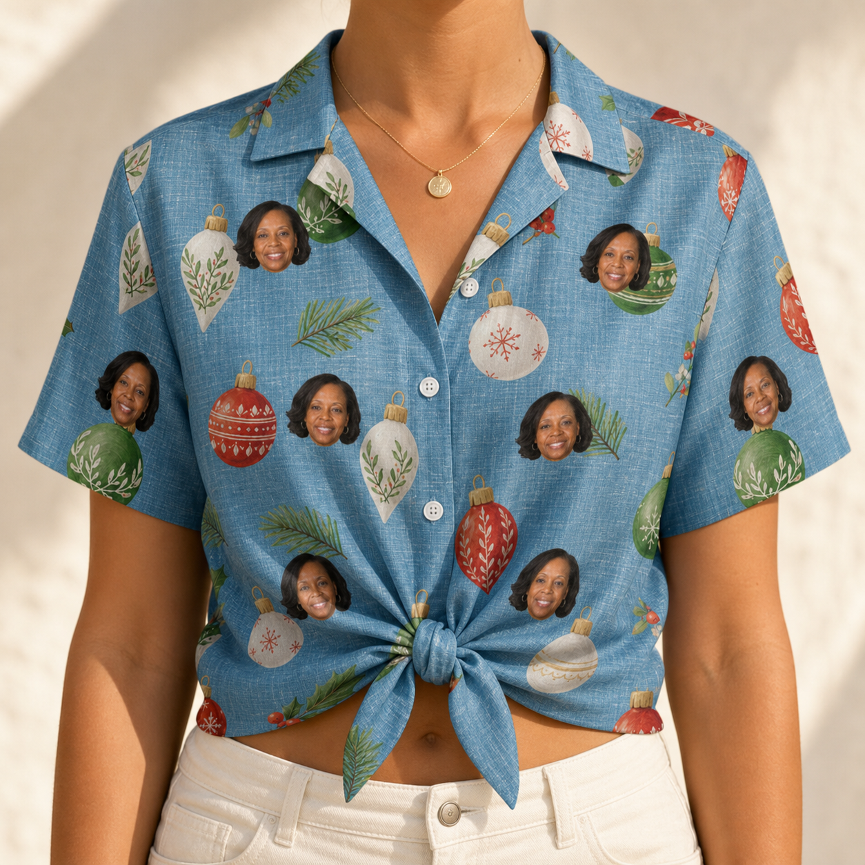 Woman wearing Women's Glimmer Globes Custom Face Hawaiian Shirt tied at the waist