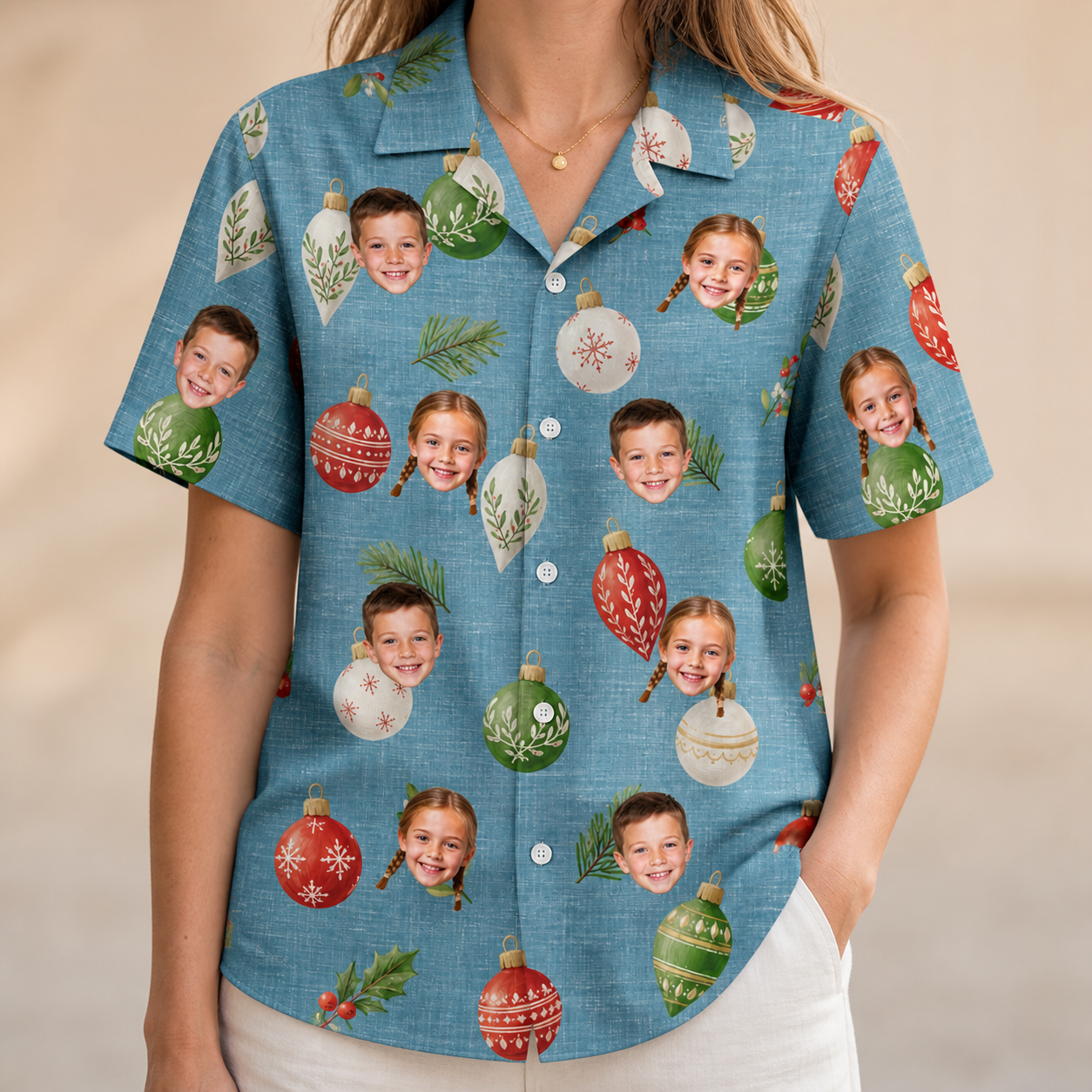 Model wearing Women's Glimmer Globes Custom Face Hawaiian Shirt printed with kids' faces