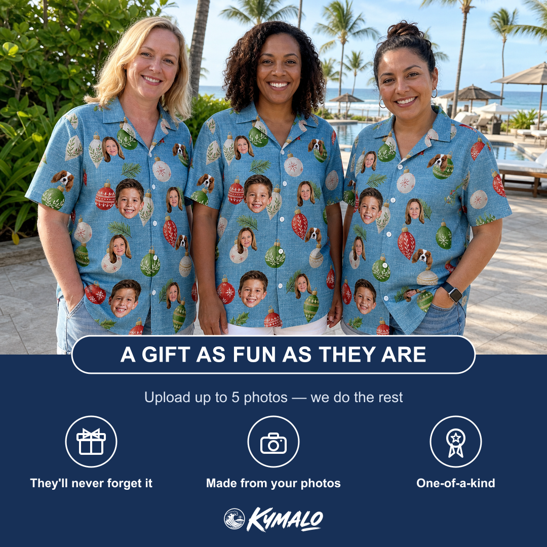 Friends in matching Women's Glimmer Globes Custom Face Hawaiian Shirt — a group gift photo
