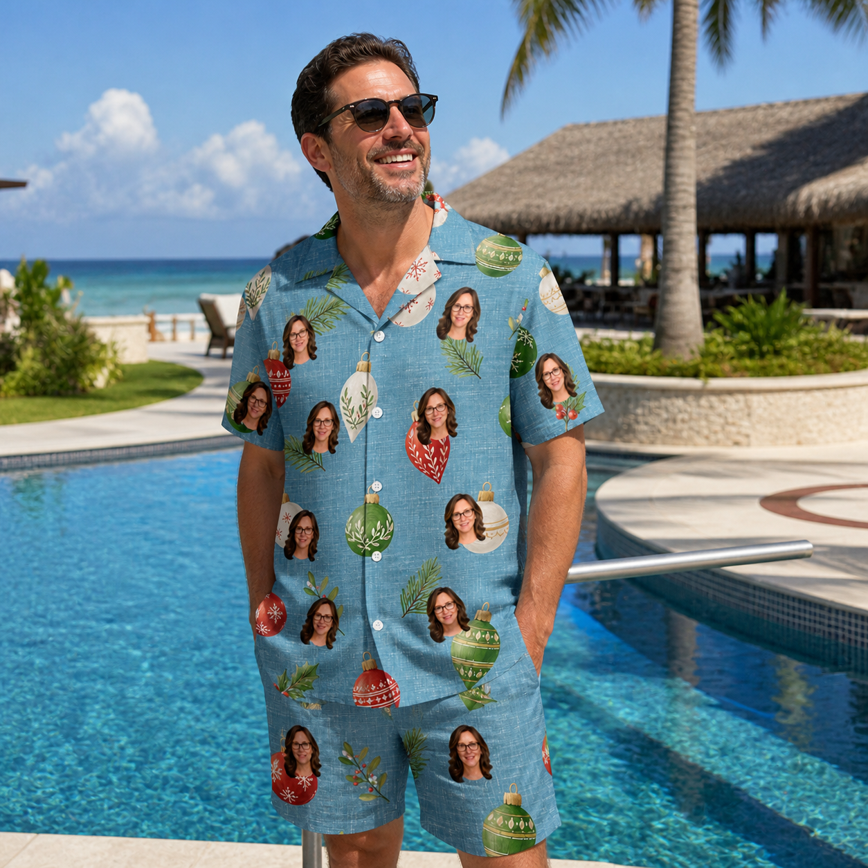 Real-life photo of someone wearing Men's Glimmer Globes Custom Face Shirt & Shorts Set — custom faces printed all-over