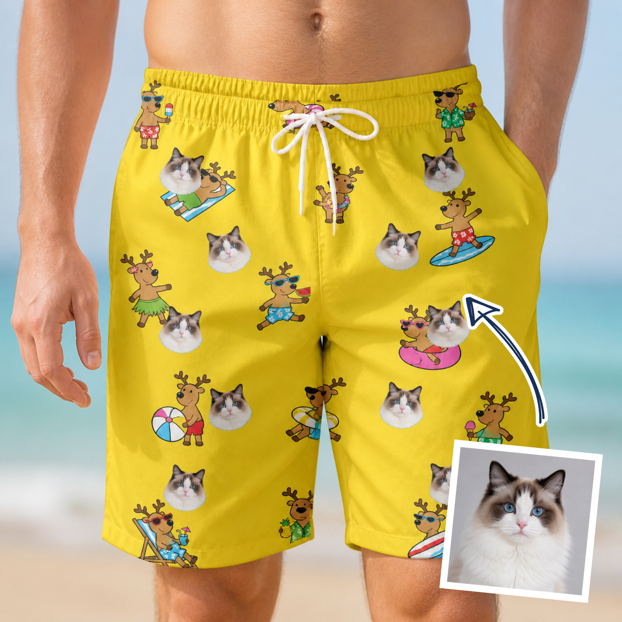 Man wearing Men's Antler Antics Custom Cat Face Beach Shorts — custom faces printed all-over
