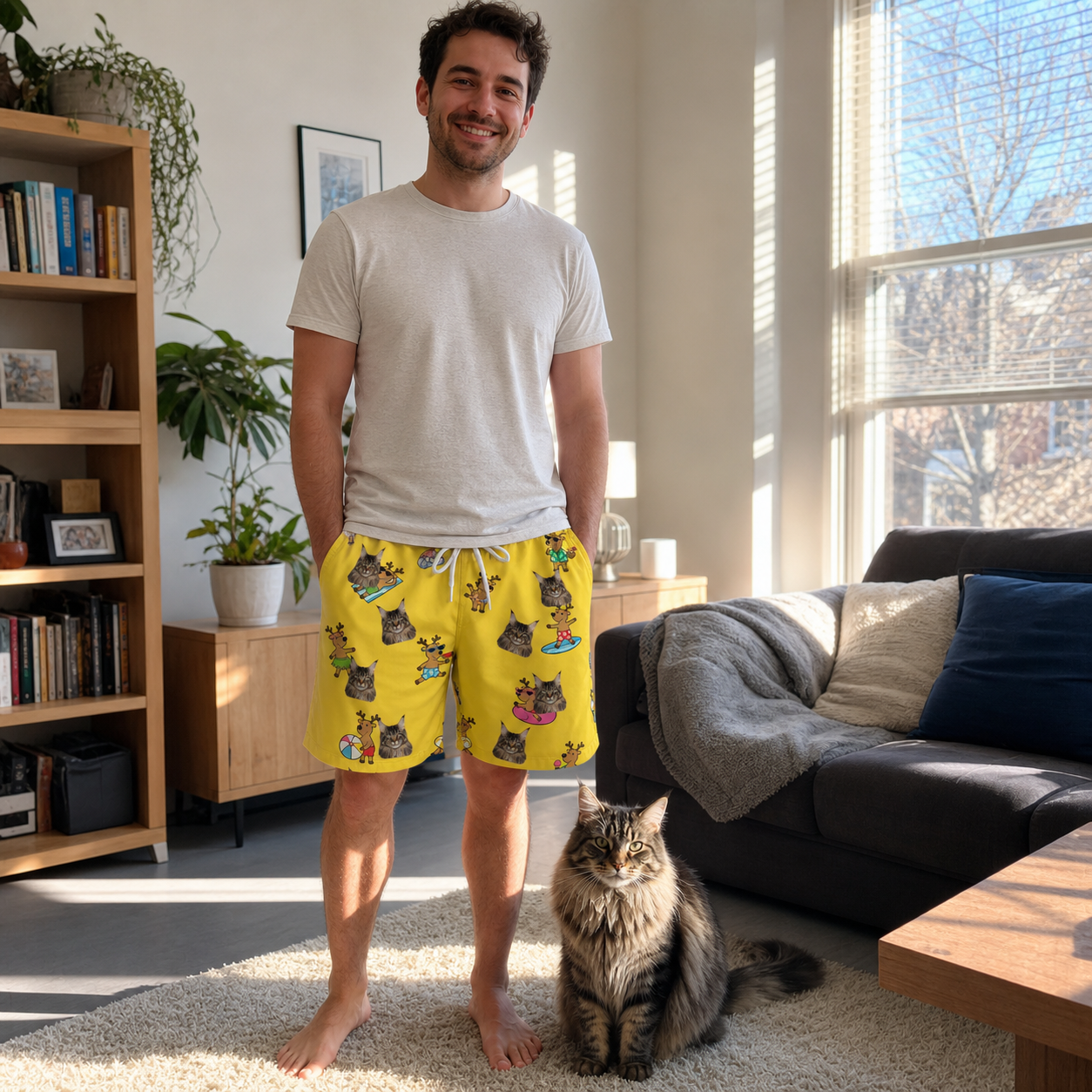 Full-length photo with the pet printed all over this Men's Antler Antics Custom Cat Face Beach Shorts