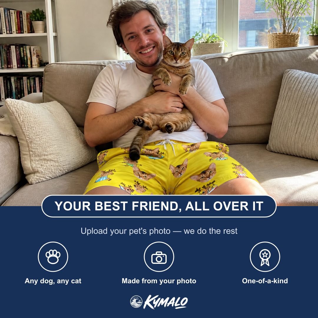 Friends in matching Men's Antler Antics Custom Cat Face Beach Shorts — a group gift photo