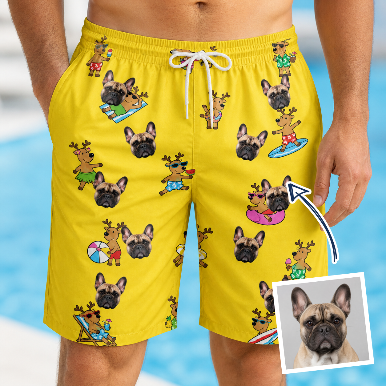 Man wearing Men's Antler Antics Custom Dog Face Beach Shorts — custom faces printed all-over