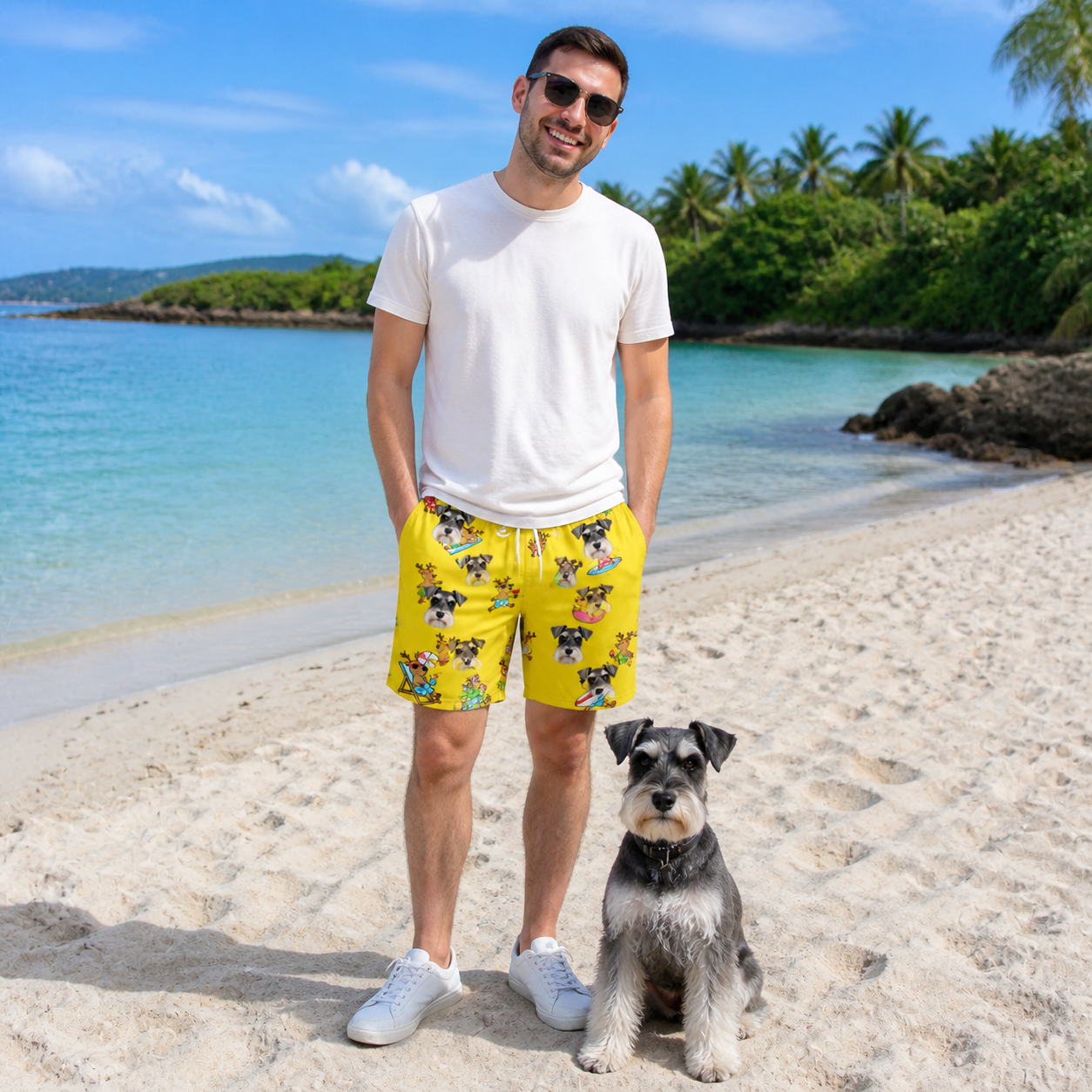 Full-length photo with the pet printed all over this Men's Antler Antics Custom Dog Face Beach Shorts