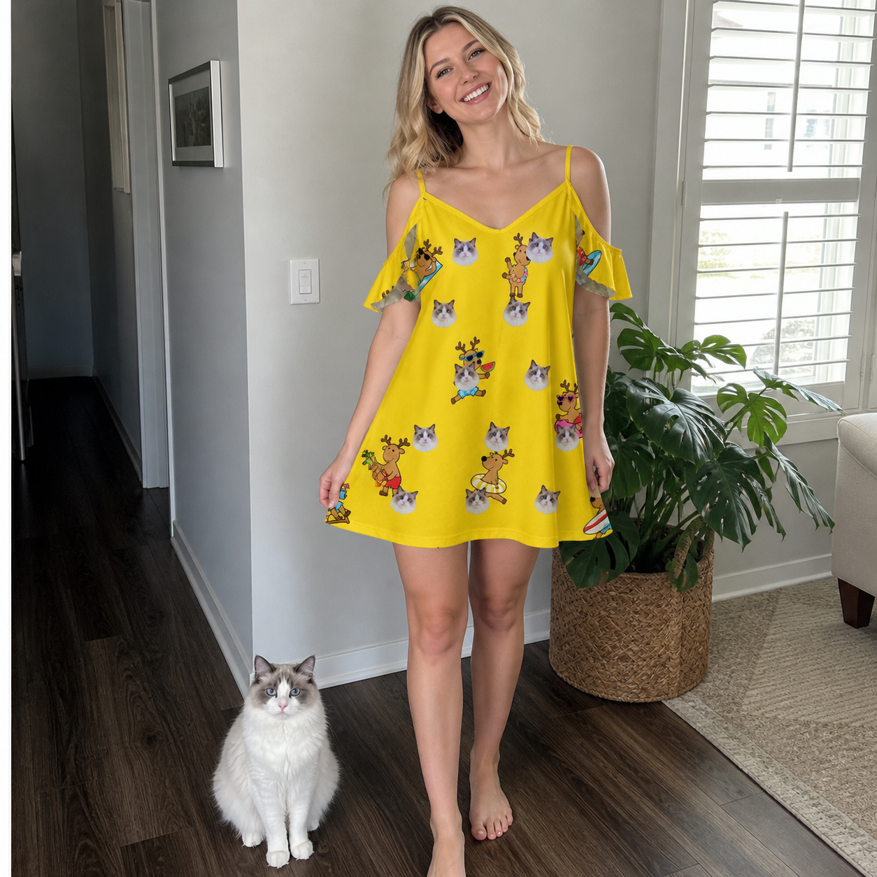 Full-length photo with the pet printed all over this Women's Antler Antics Custom Cat Face Off-Shoulder Dress
