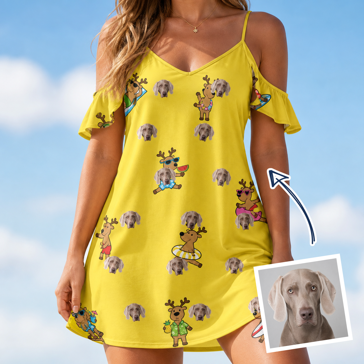 Woman wearing Women's Antler Antics Custom Dog Face Off-Shoulder Dress — custom faces printed all-over
