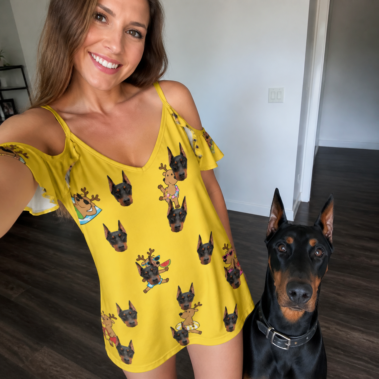 Selfie with the pet whose face is printed all over this Women's Antler Antics Custom Dog Face Off-Shoulder Dress