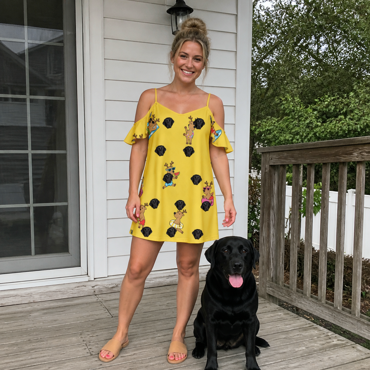 Full-length photo with the pet printed all over this Women's Antler Antics Custom Dog Face Off-Shoulder Dress