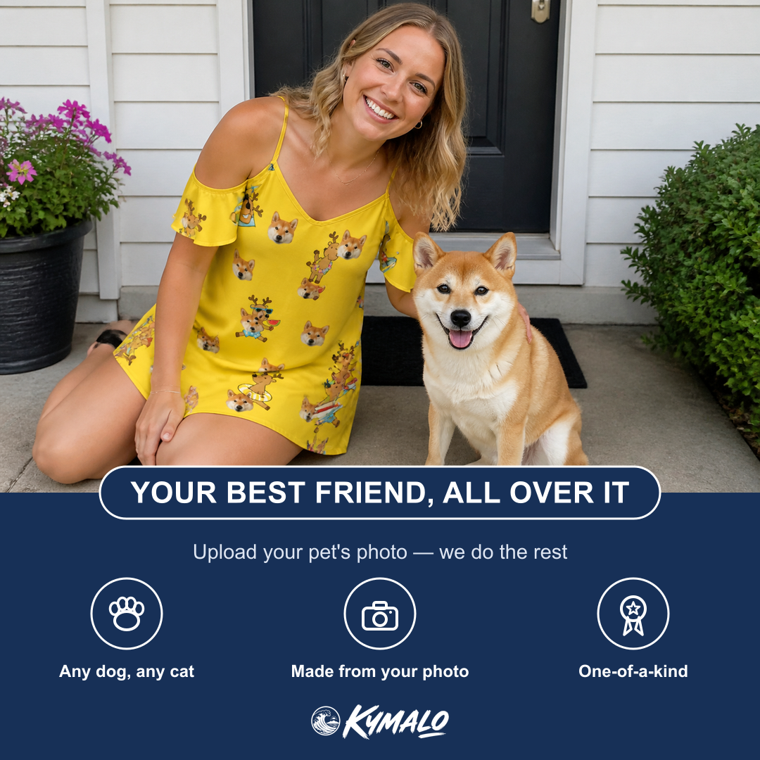 Friends in matching Women's Antler Antics Custom Dog Face Off-Shoulder Dress — a group gift photo