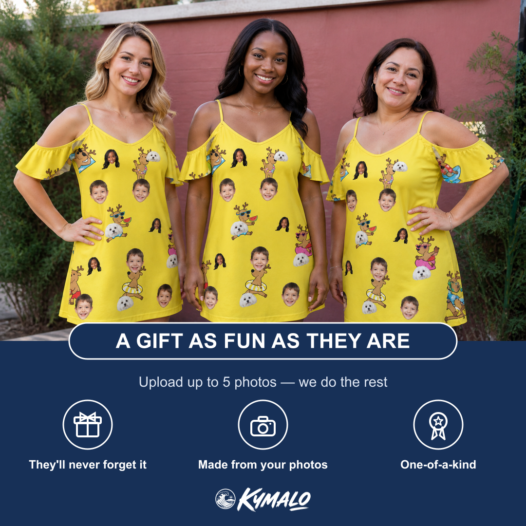 Friends in matching Women's Antler Antics Custom Face Off-Shoulder Dress — a group gift photo