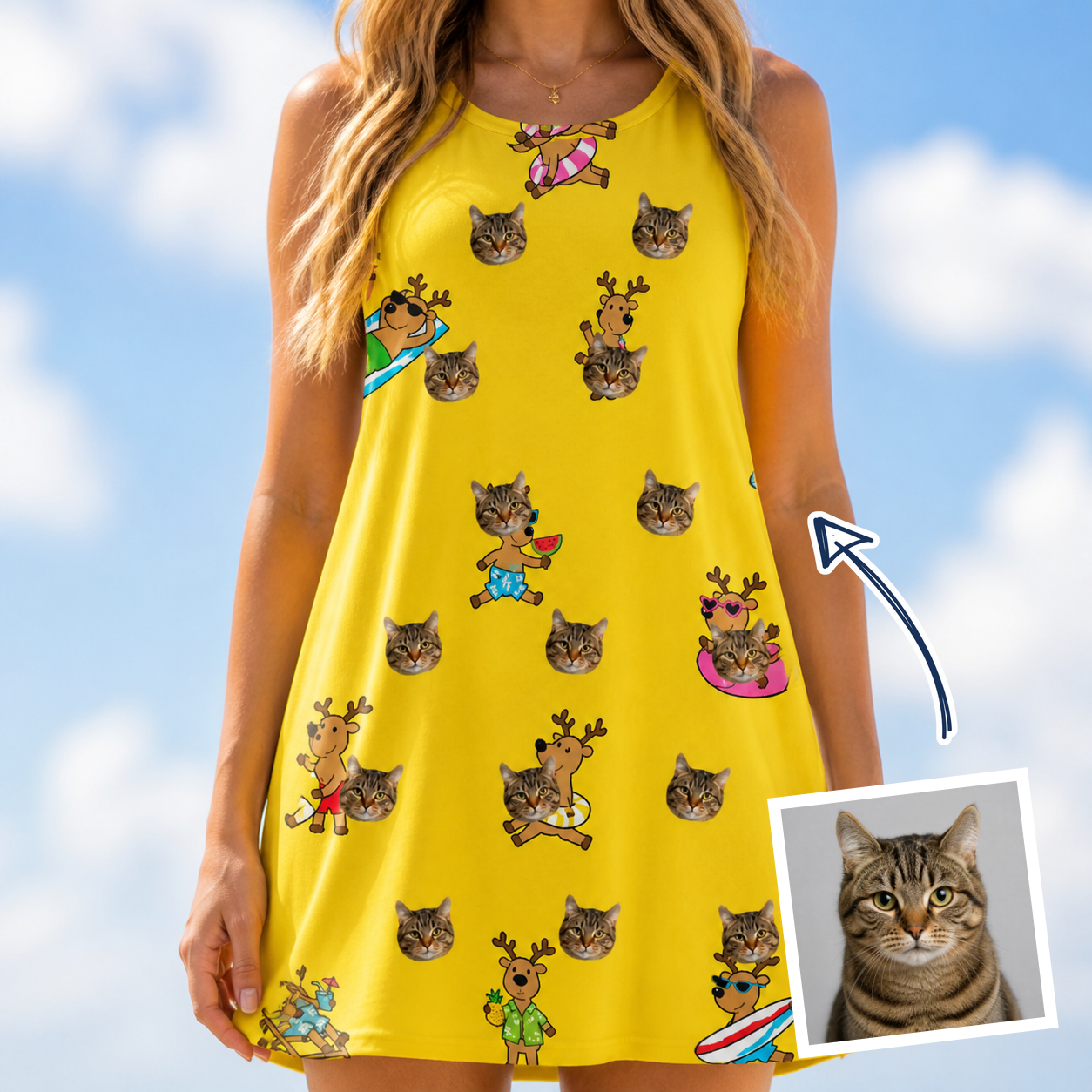 Woman wearing Women's Antler Antics Custom Cat Face Tank Dress — custom faces printed all-over