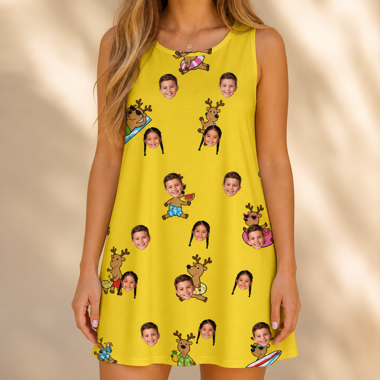 Model wearing Women's Antler Antics Custom Face Tank Dress printed with kids' faces