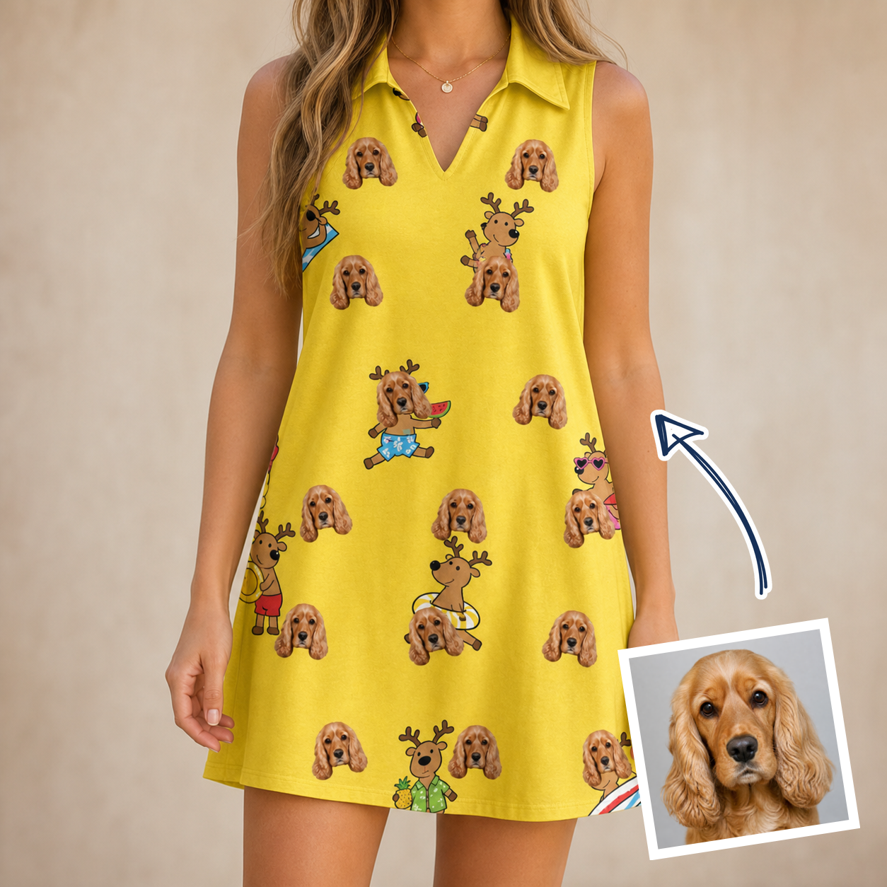 Woman wearing Women's Antler Antics Custom Dog Face V-Neck Dress — custom faces printed all-over