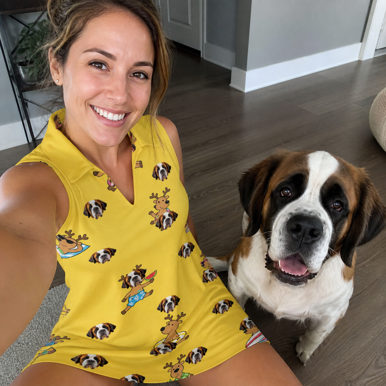 Selfie with the pet whose face is printed all over this Women's Antler Antics Custom Dog Face V-Neck Dress
