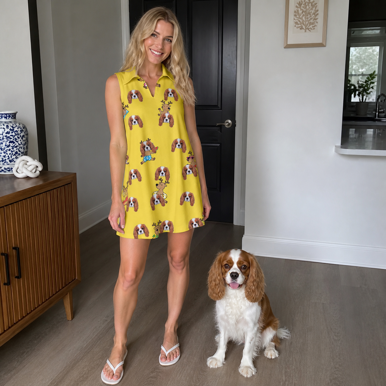 Full-length photo with the pet printed all over this Women's Antler Antics Custom Dog Face V-Neck Dress