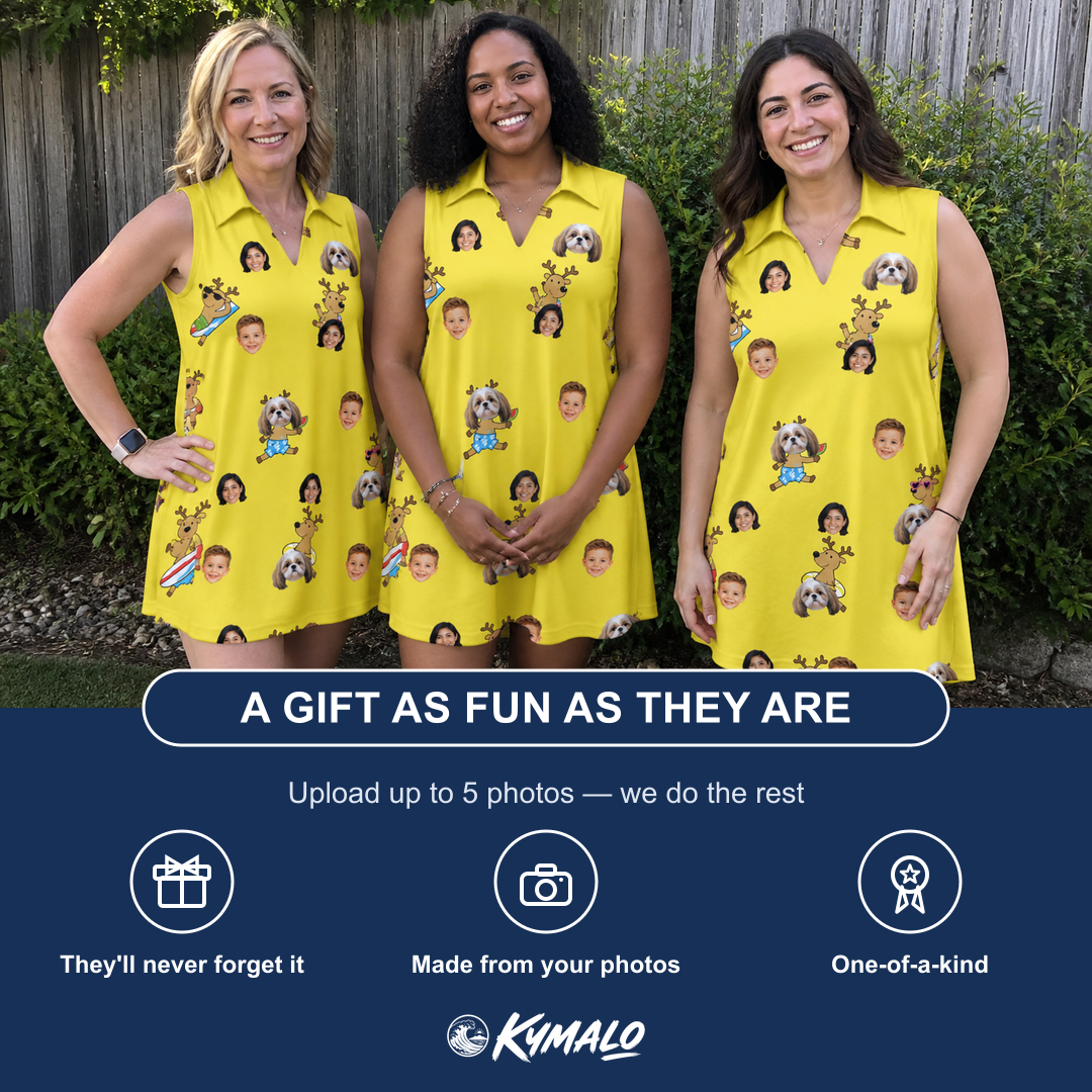 Friends in matching Women's Antler Antics Custom Face V-Neck Dress — a group gift photo