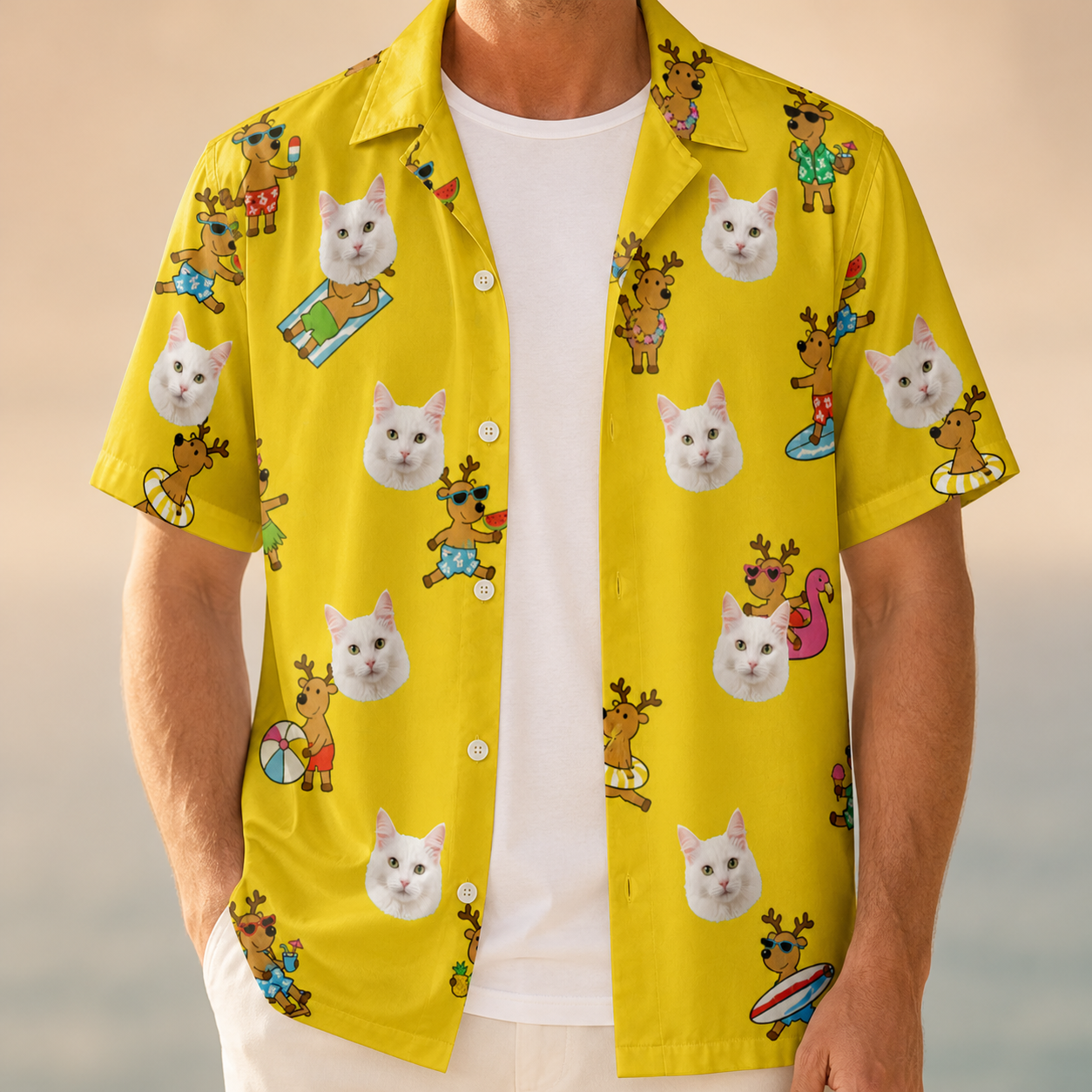 Man wearing Men's Antler Antics Custom Cat Face Hawaiian Shirt open over a white tee