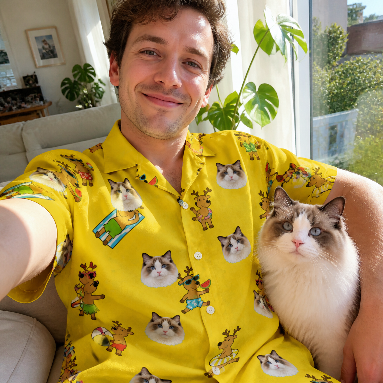 Selfie with the pet whose face is printed all over this Men's Antler Antics Custom Cat Face Hawaiian Shirt
