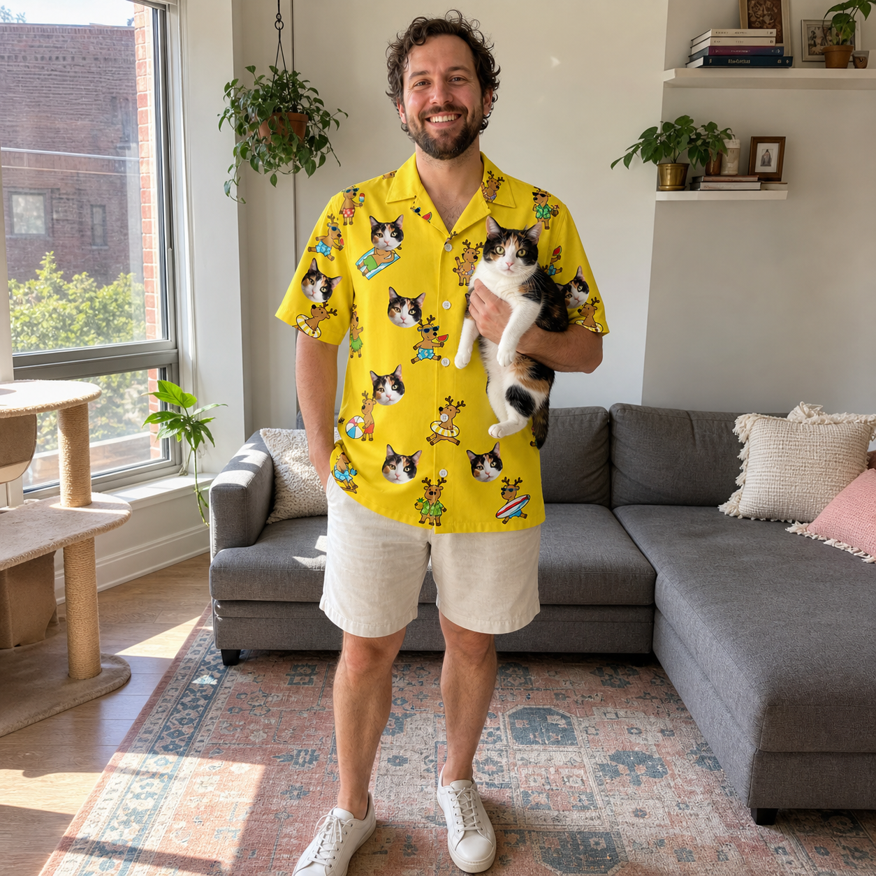 Full-length photo with the pet printed all over this Men's Antler Antics Custom Cat Face Hawaiian Shirt
