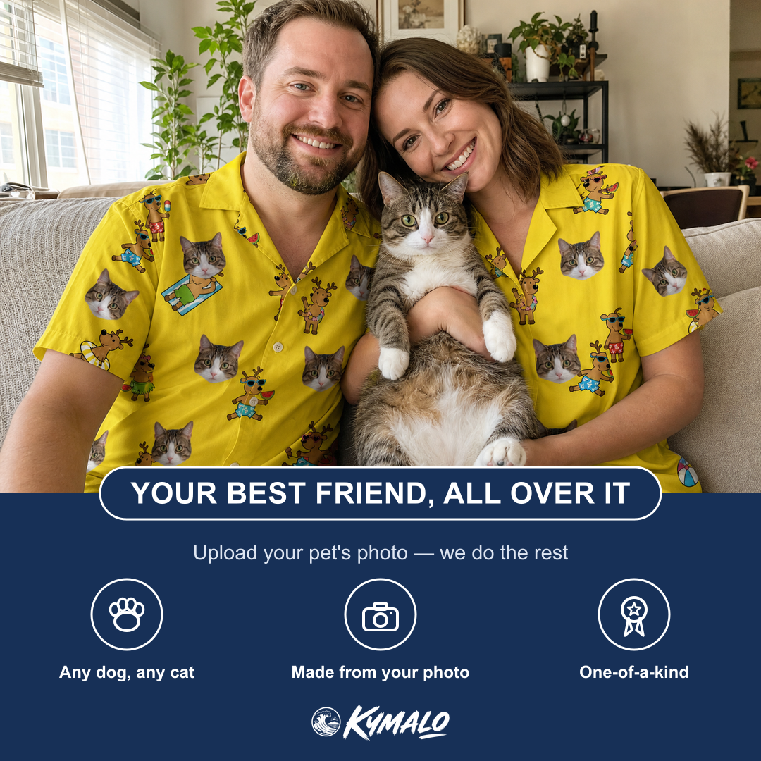 Friends in matching Men's Antler Antics Custom Cat Face Hawaiian Shirt — a group gift photo