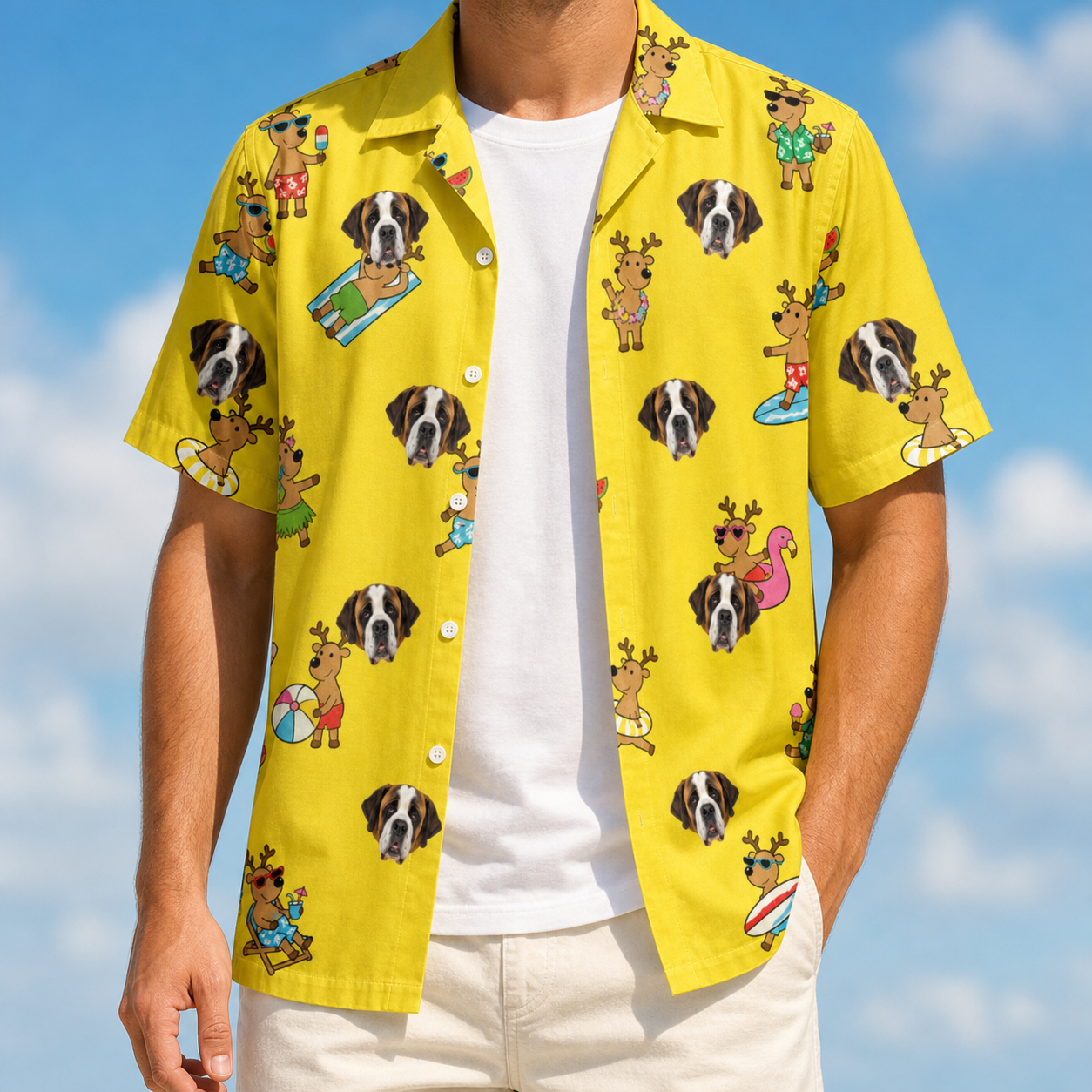 Man wearing Men's Antler Antics Custom Dog Face Hawaiian Shirt open over a white tee