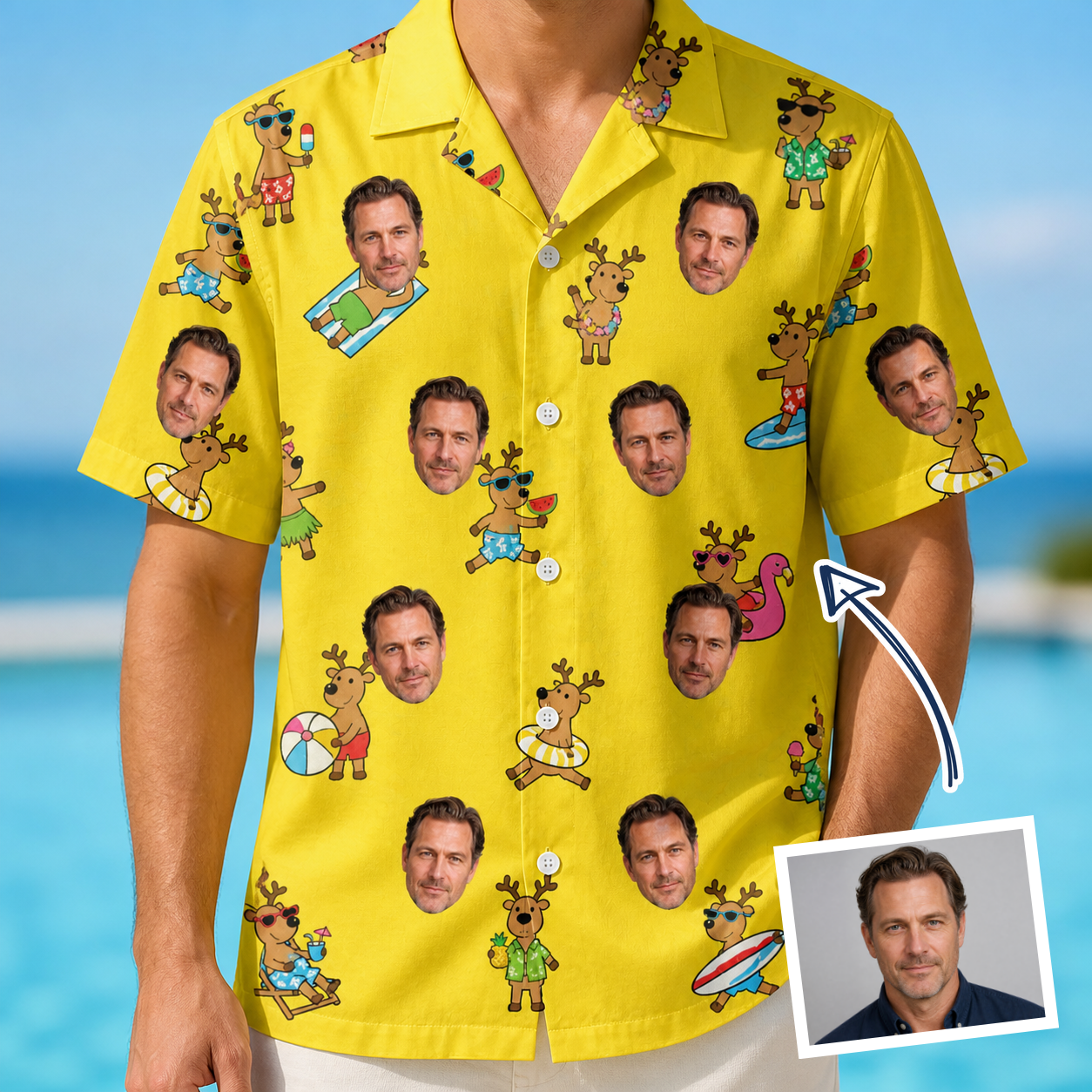 Man wearing Men's Antler Antics Custom Face Hawaiian Shirt — custom faces printed all-over
