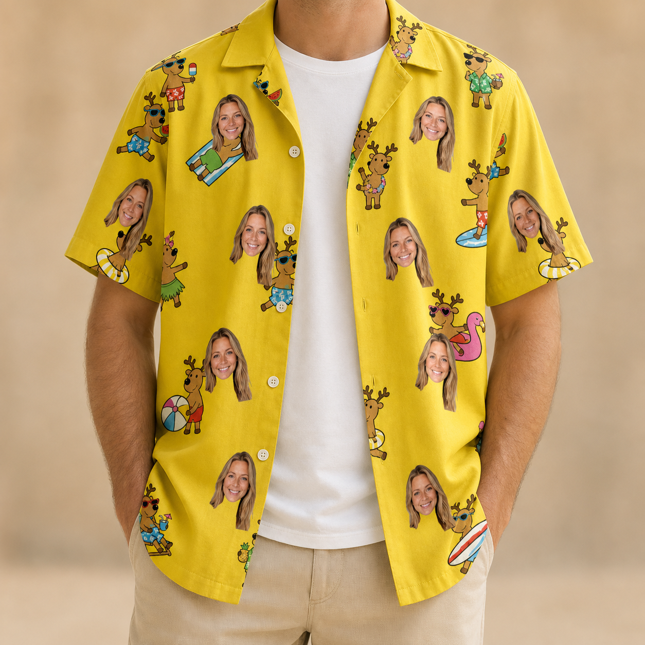 Man wearing Men's Antler Antics Custom Face Hawaiian Shirt open over a white tee