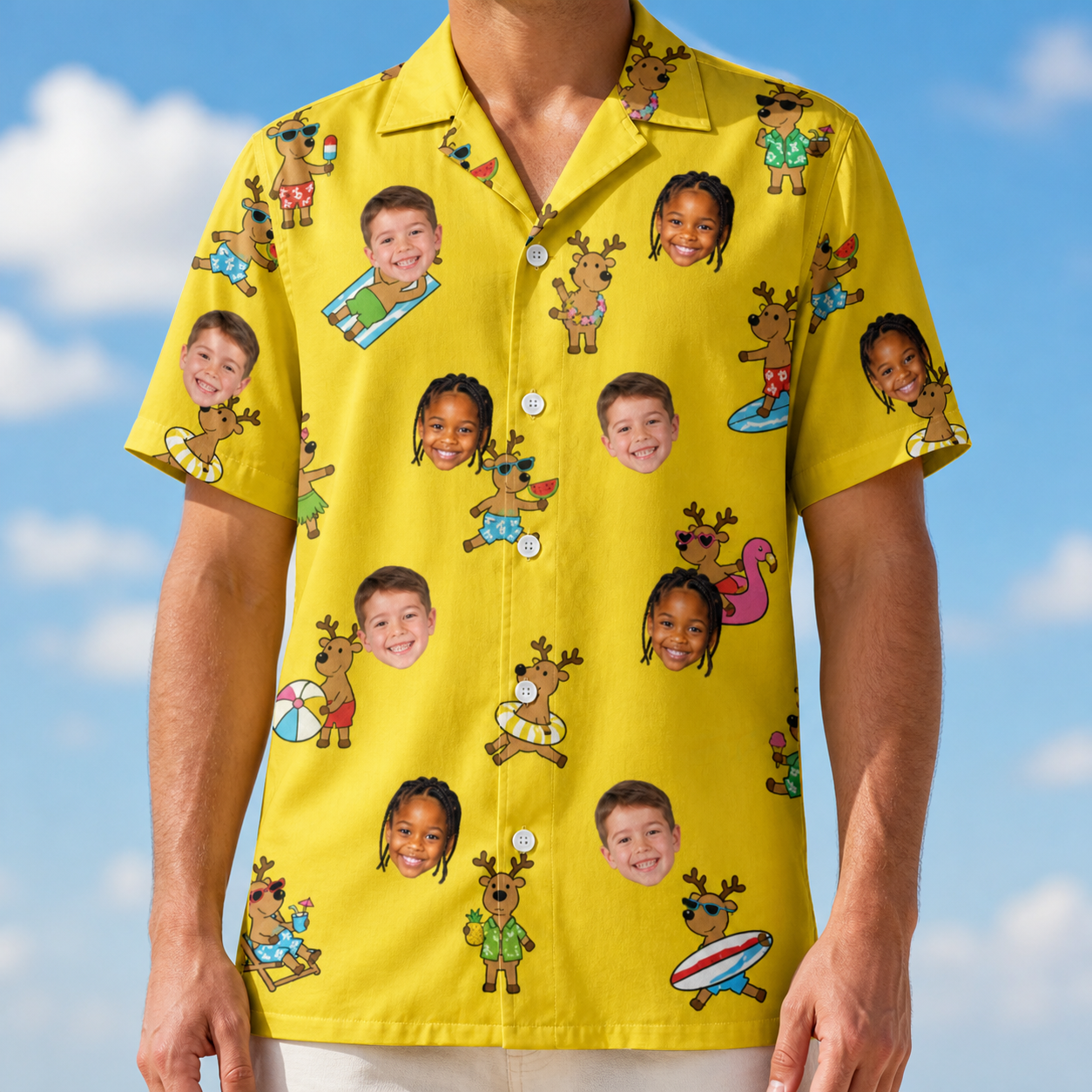 Model wearing Men's Antler Antics Custom Face Hawaiian Shirt printed with kids' faces