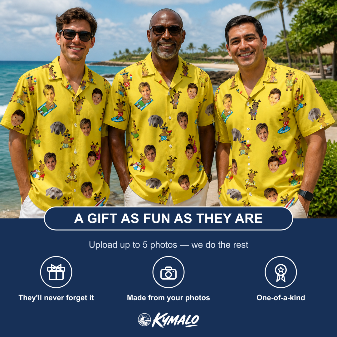 Friends in matching Men's Antler Antics Custom Face Hawaiian Shirt — a group gift photo
