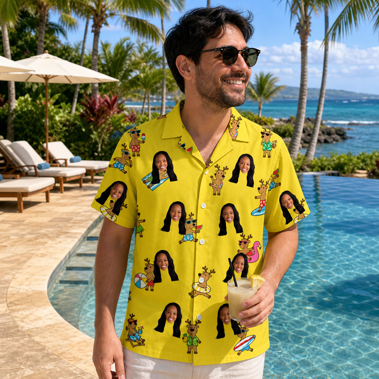 Real-life photo of someone wearing Men's Antler Antics Custom Face Hawaiian Shirt — custom faces printed all-over