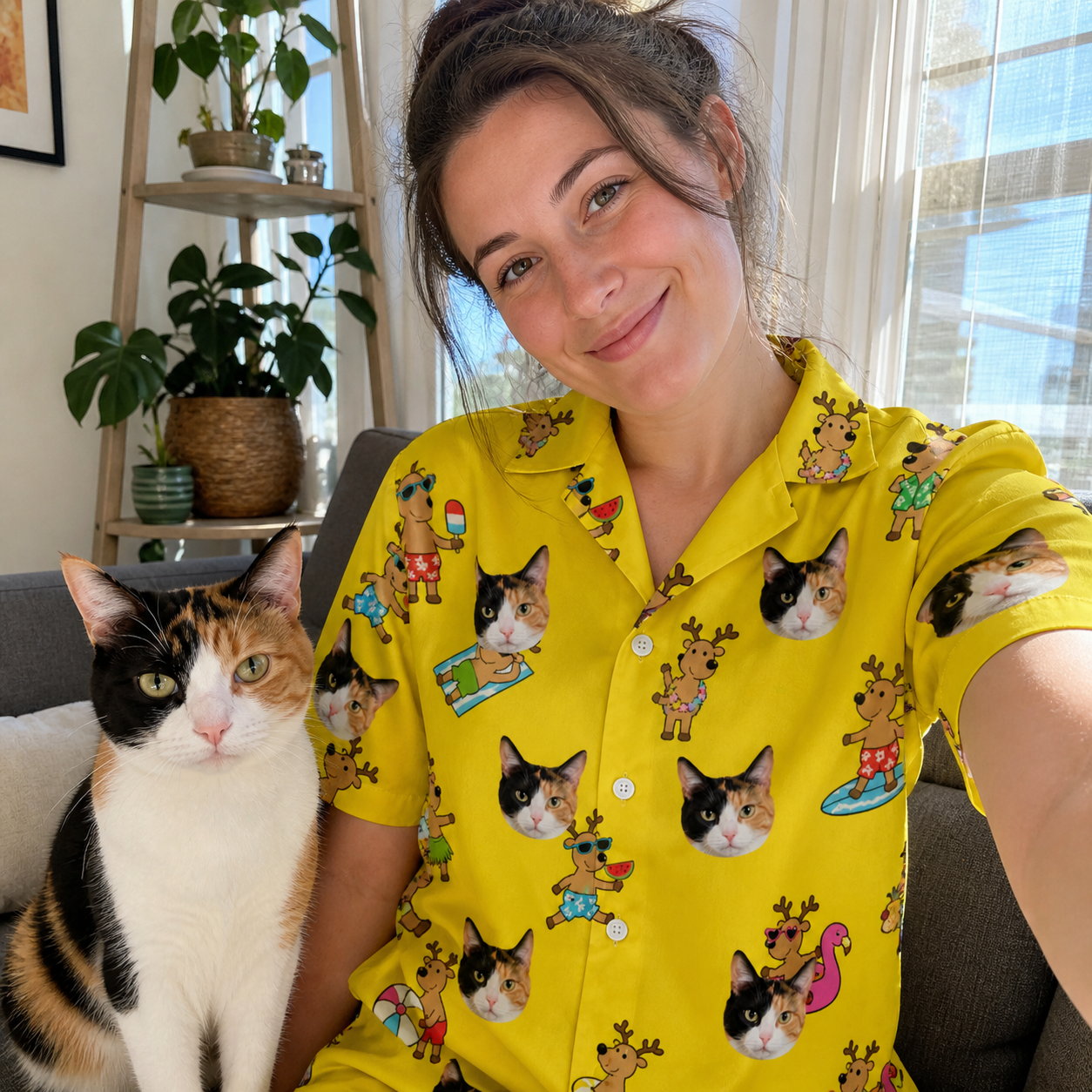 Selfie with the pet whose face is printed all over this Women's Antler Antics Custom Cat Face Hawaiian Shirt