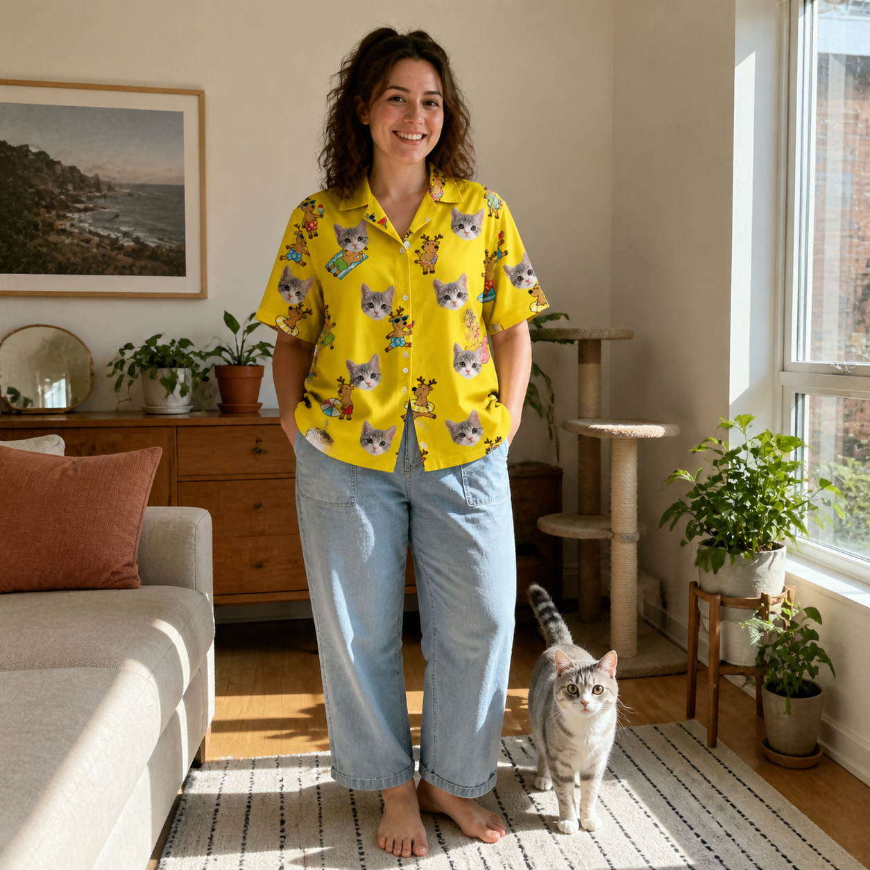 Full-length photo with the pet printed all over this Women's Antler Antics Custom Cat Face Hawaiian Shirt