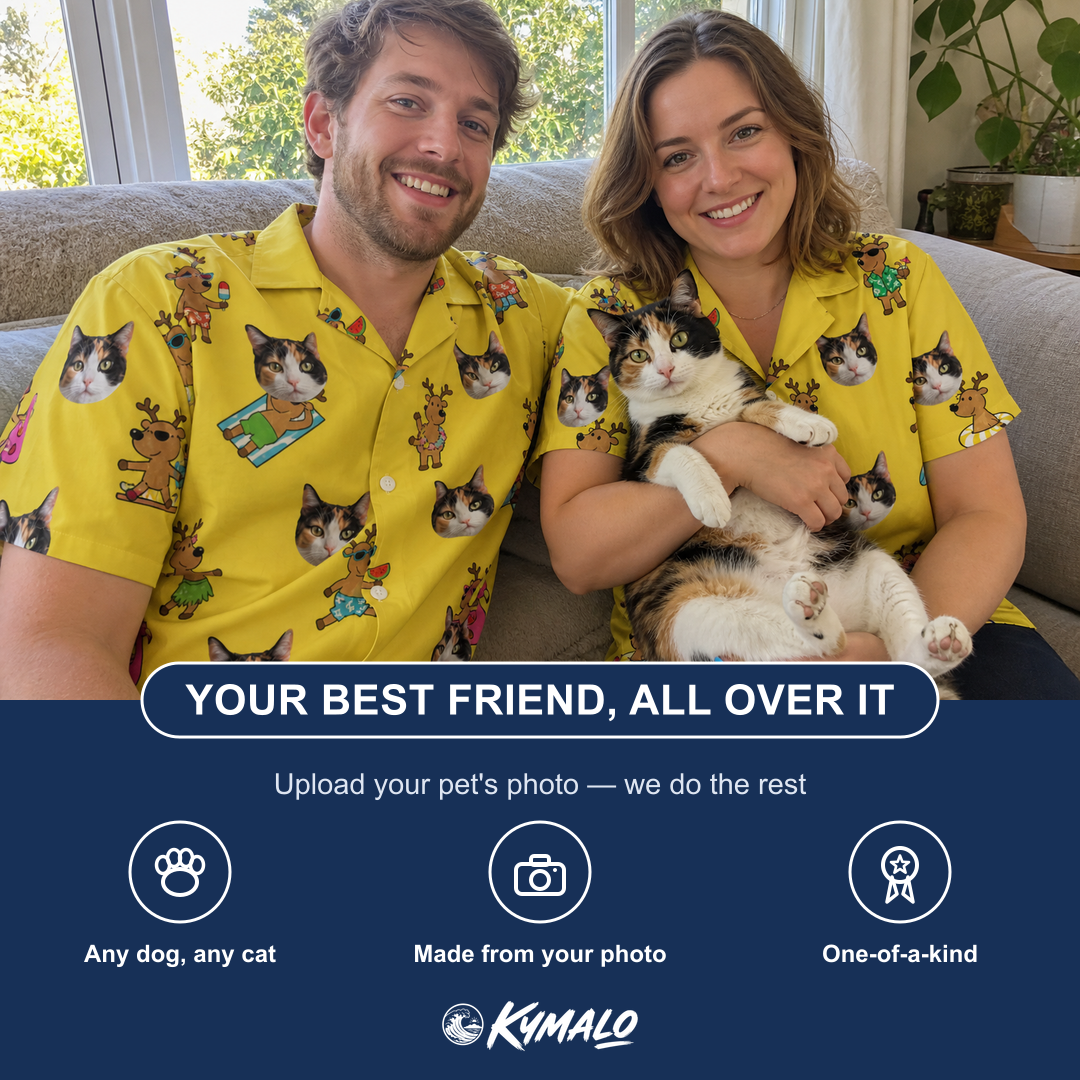 Friends in matching Women's Antler Antics Custom Cat Face Hawaiian Shirt — a group gift photo