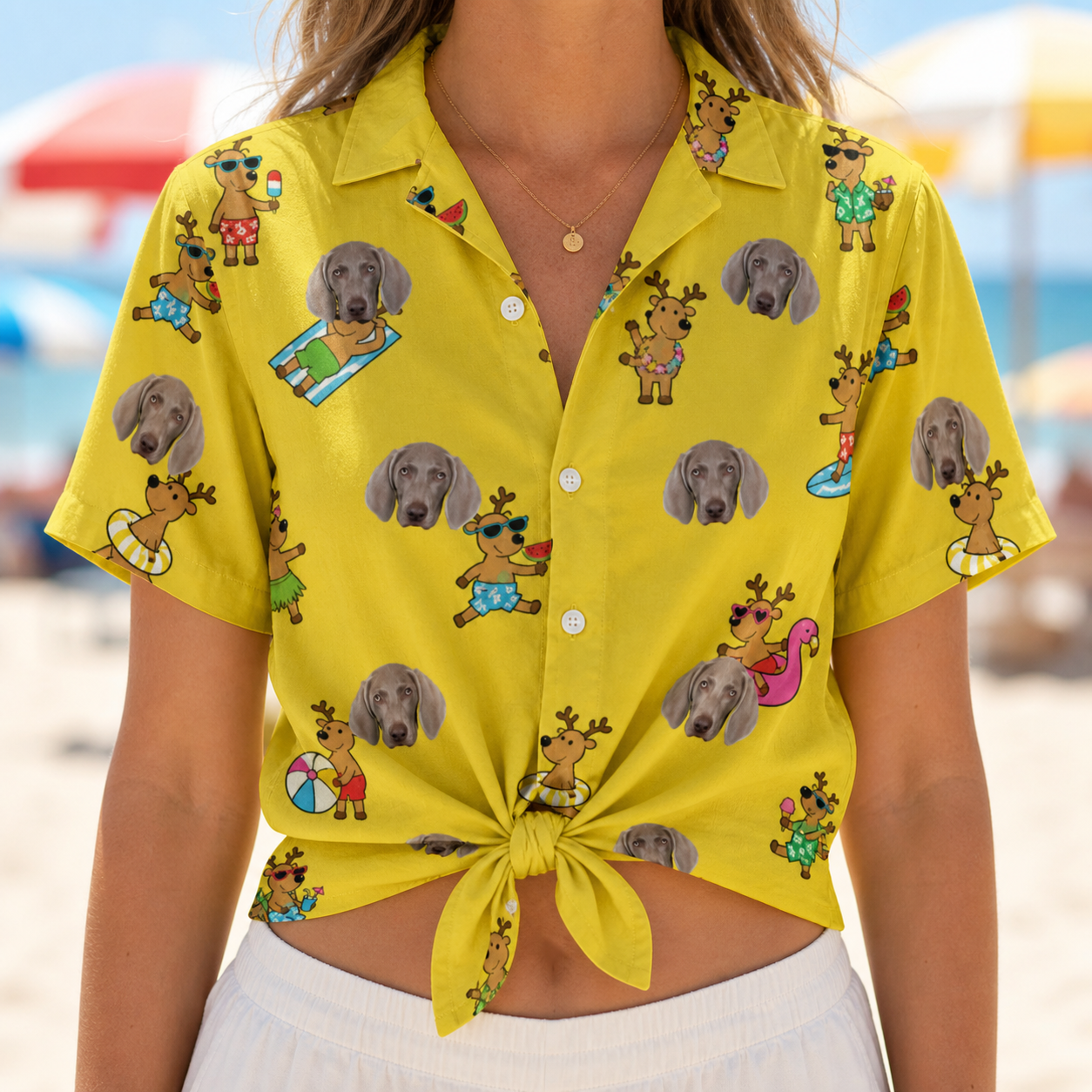 Woman wearing Women's Antler Antics Custom Dog Face Hawaiian Shirt tied at the waist