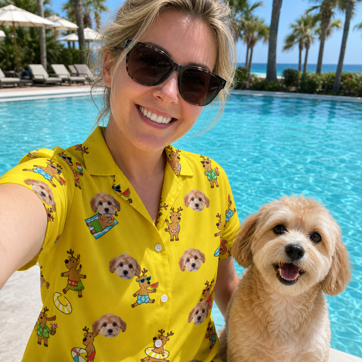 Selfie with the pet whose face is printed all over this Women's Antler Antics Custom Dog Face Hawaiian Shirt