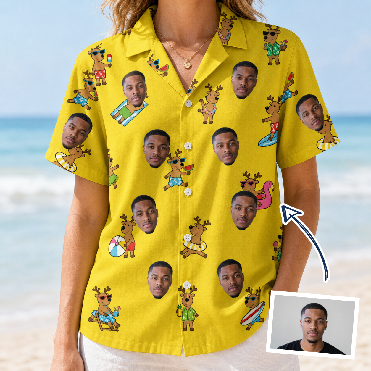 Woman wearing Women's Antler Antics Custom Face Hawaiian Shirt — custom faces printed all-over
